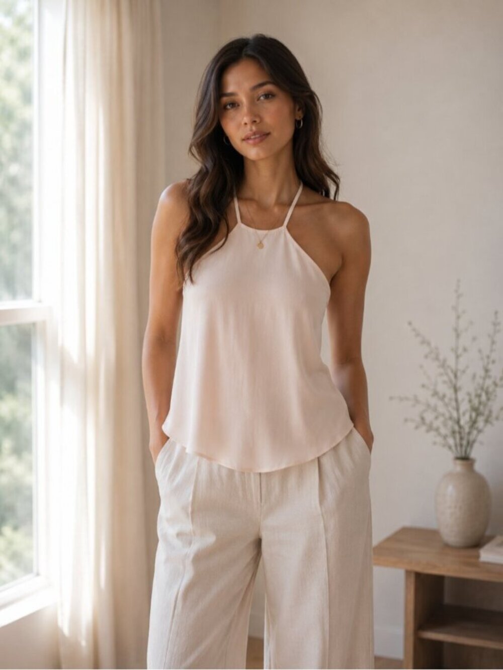RW&CO Cream High Neck Camisole Double Strap Minimalist Tank Top 0781